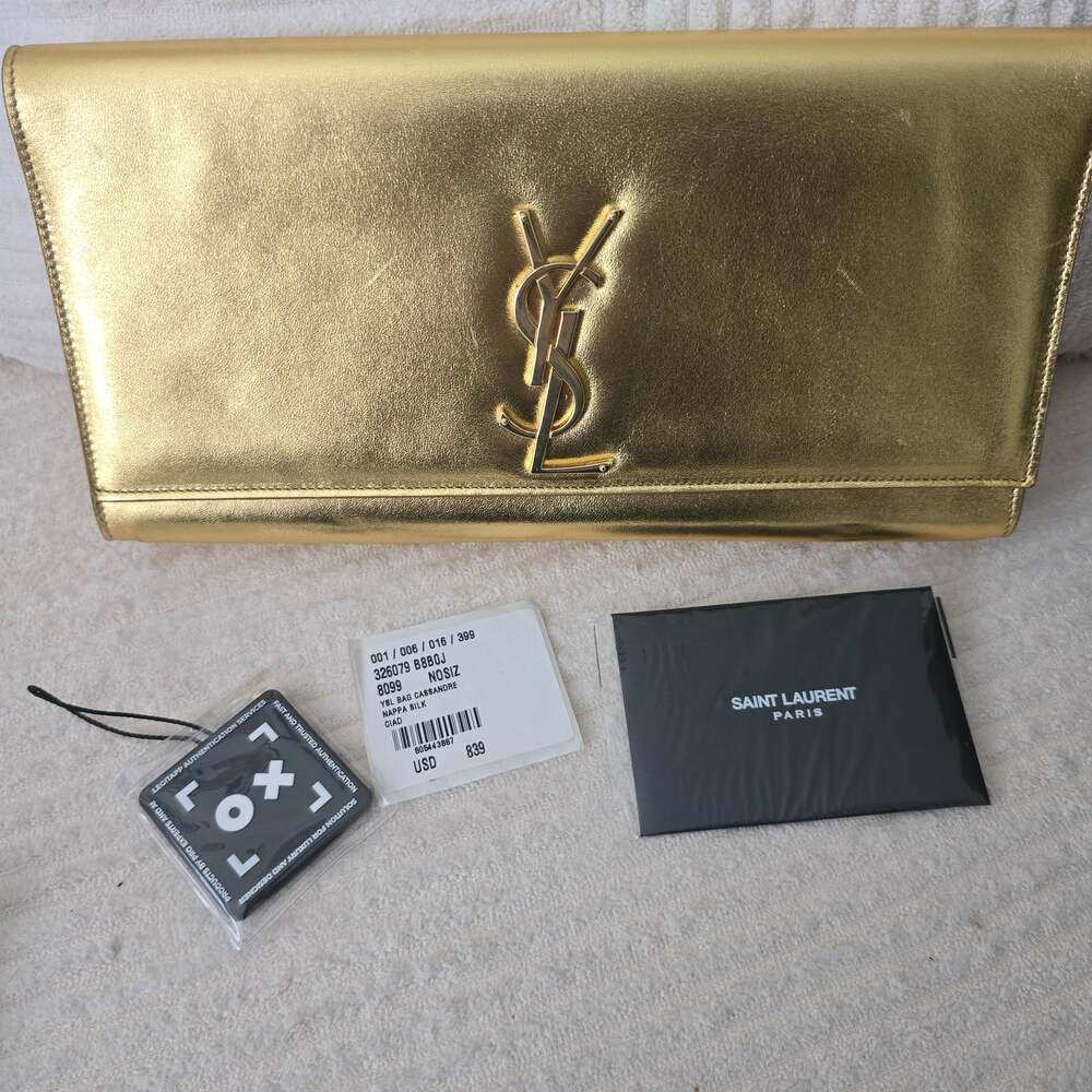 Saint Laurent Cassandre Metallic Gold Leather Clutch Bag YSL Monogram